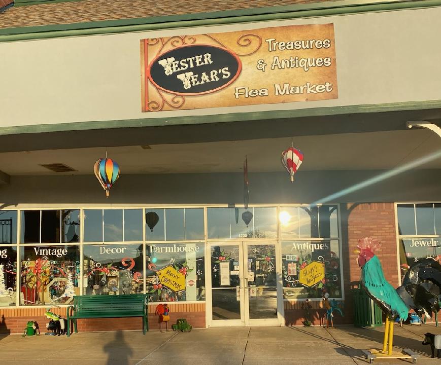 Storefront with signage and decorations